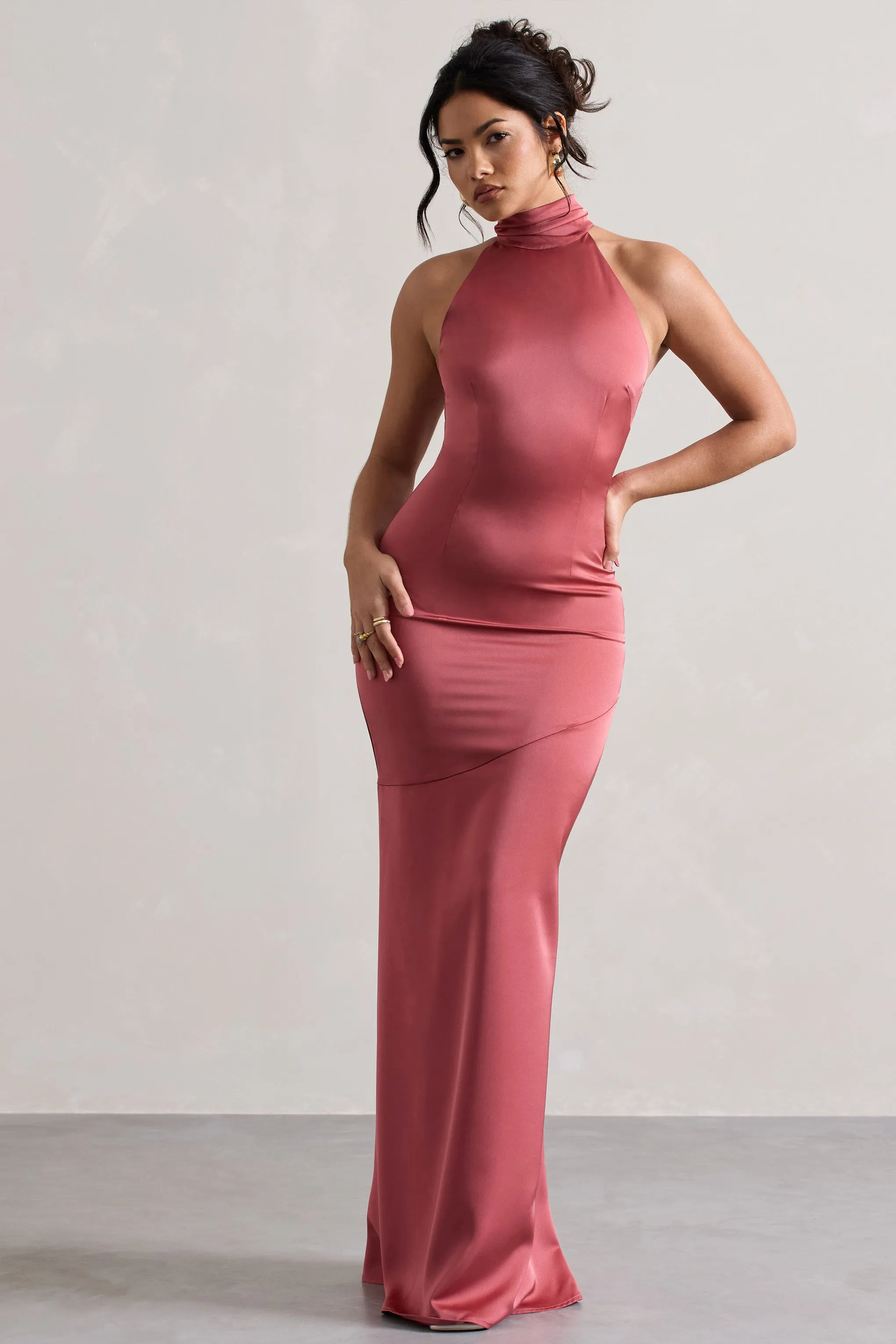 Adoria | Vintage Berry Satin High-Neck Maxi Dress