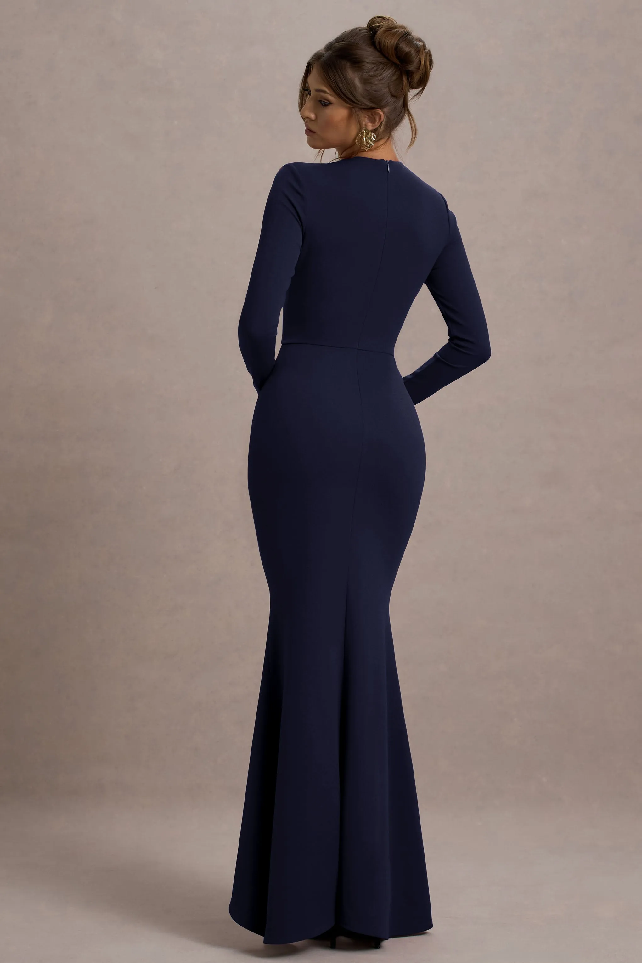 Alayna | Navy Long-Sleeve Maxi Dress With Ruffled Split