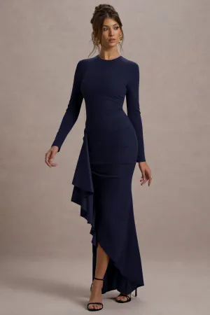 Alayna | Navy Long-Sleeve Maxi Dress With Ruffled Split