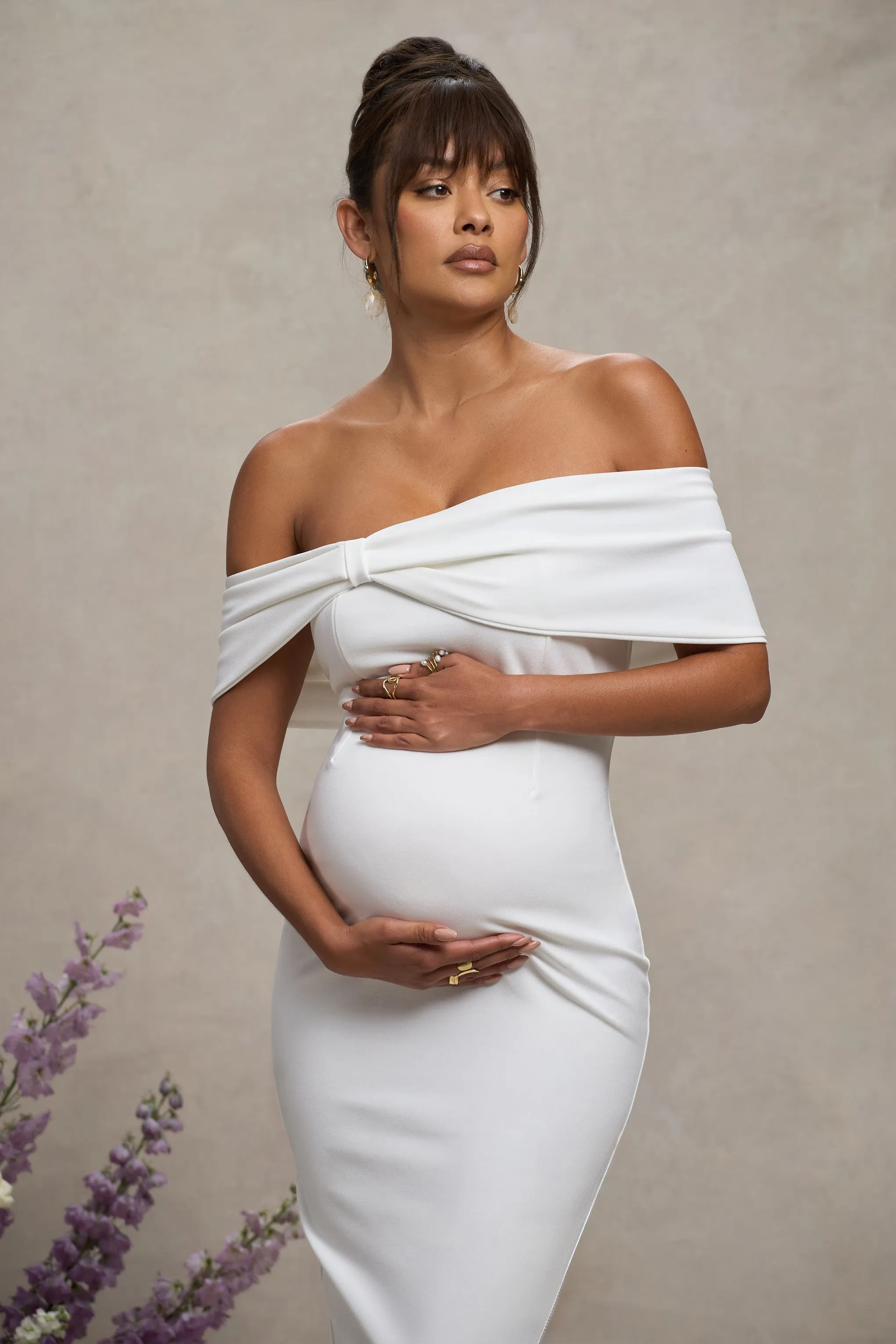 Alyssa | White Bardot Bow Maternity Midi Dress with Ruching