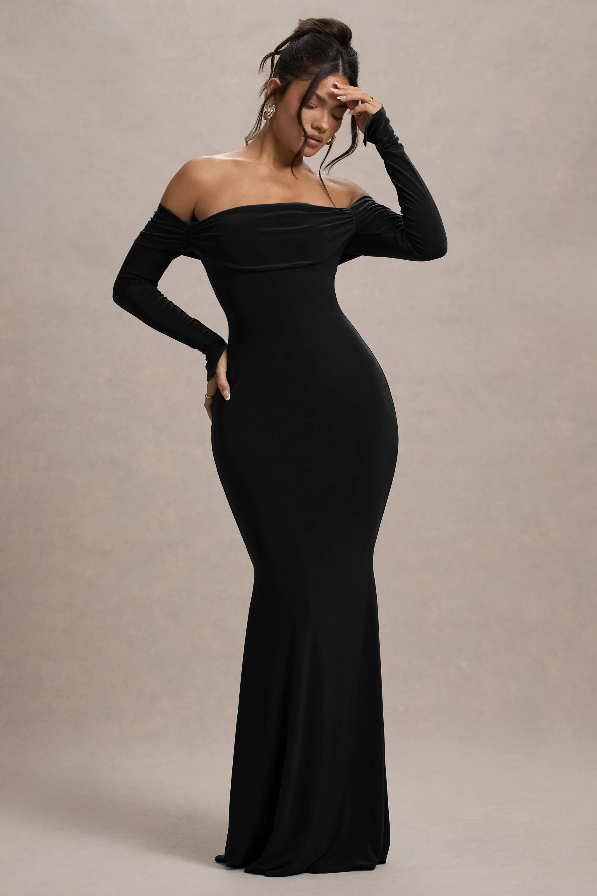 Amaia | Black Bardot Long-Sleeve Maxi Dress