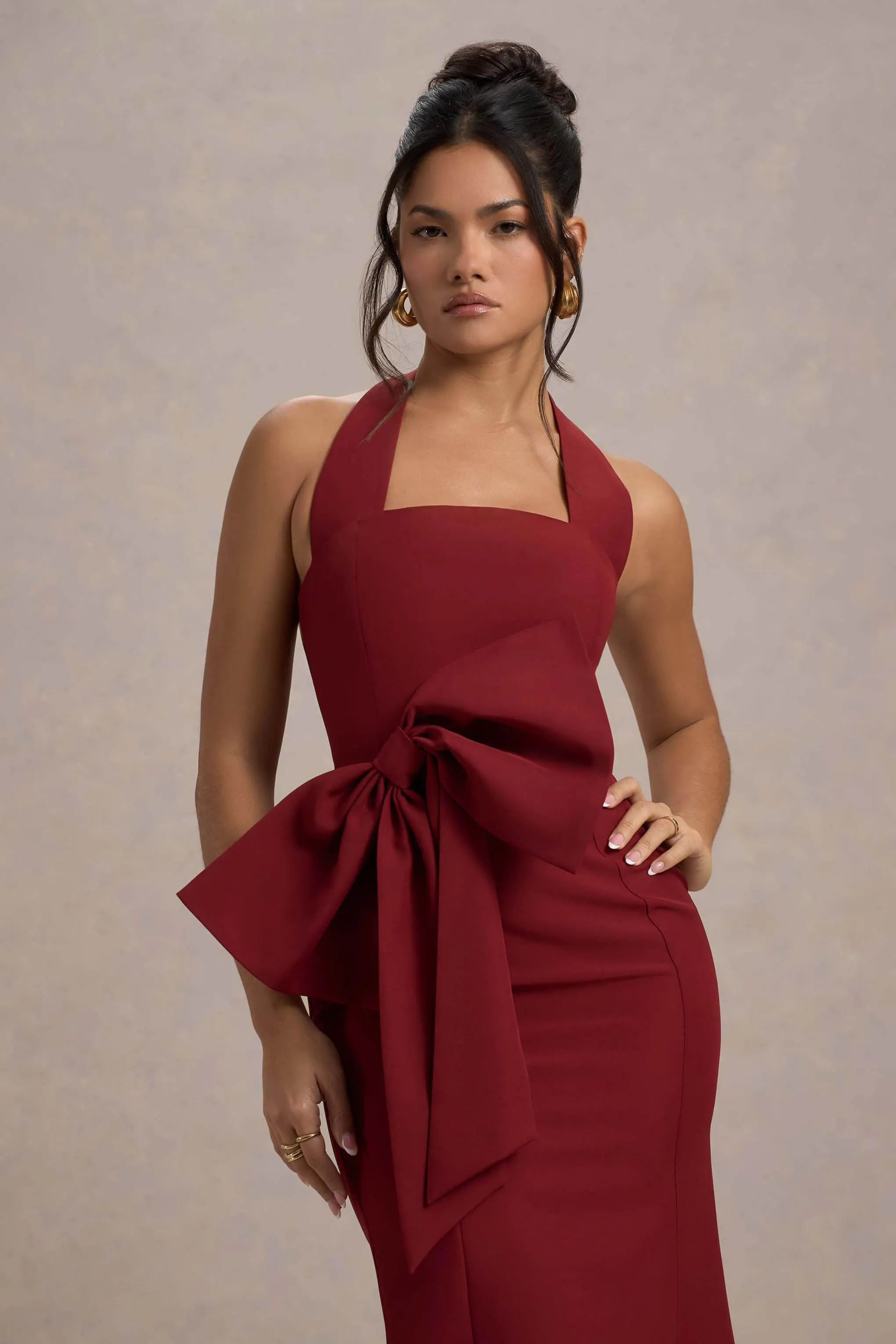 Aman | Berry Halter-Neck Midi Dress With Oversized Bow