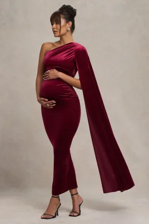 Amaryllis | Berry Velvet Maternity One Shoulder Maxi Dress with Cape Sleeve