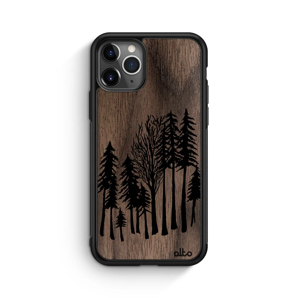 Apple iPhone 13, 12, 11 Wooden Case - Forest Design | Walnut Wood | Lightweight, Hand Crafted, Carved Phone Case