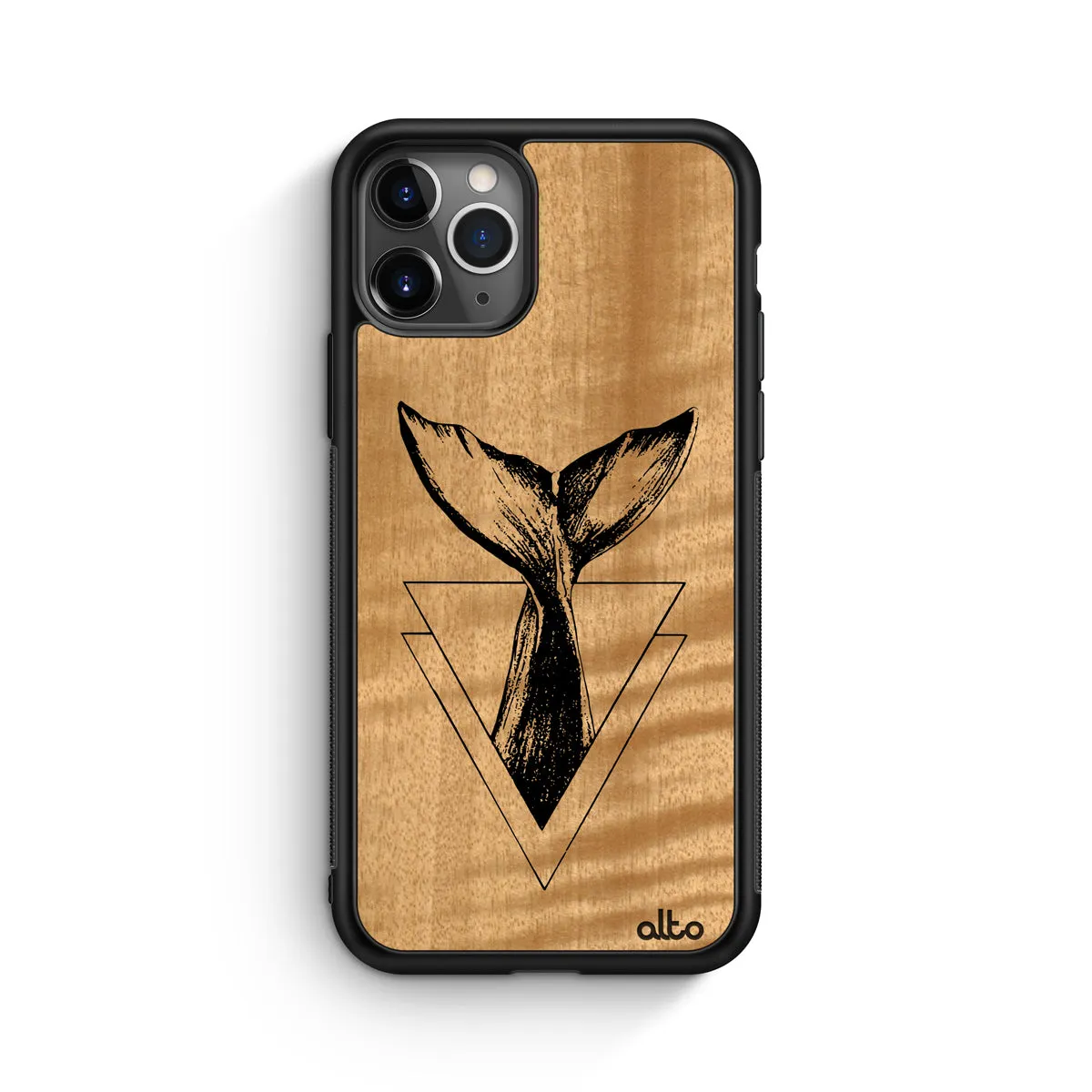 Apple iPhone 13, 12, 11 Wooden Case - Whale Tail Design | Anigre Wood |Lightweight, Hand Crafted, Carved Phone Case