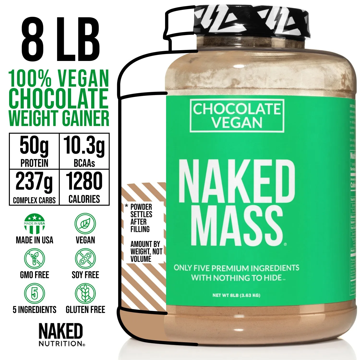 Chocolate Vegan Weight Gainer Supplement | Naked Vegan Mass - 8LB