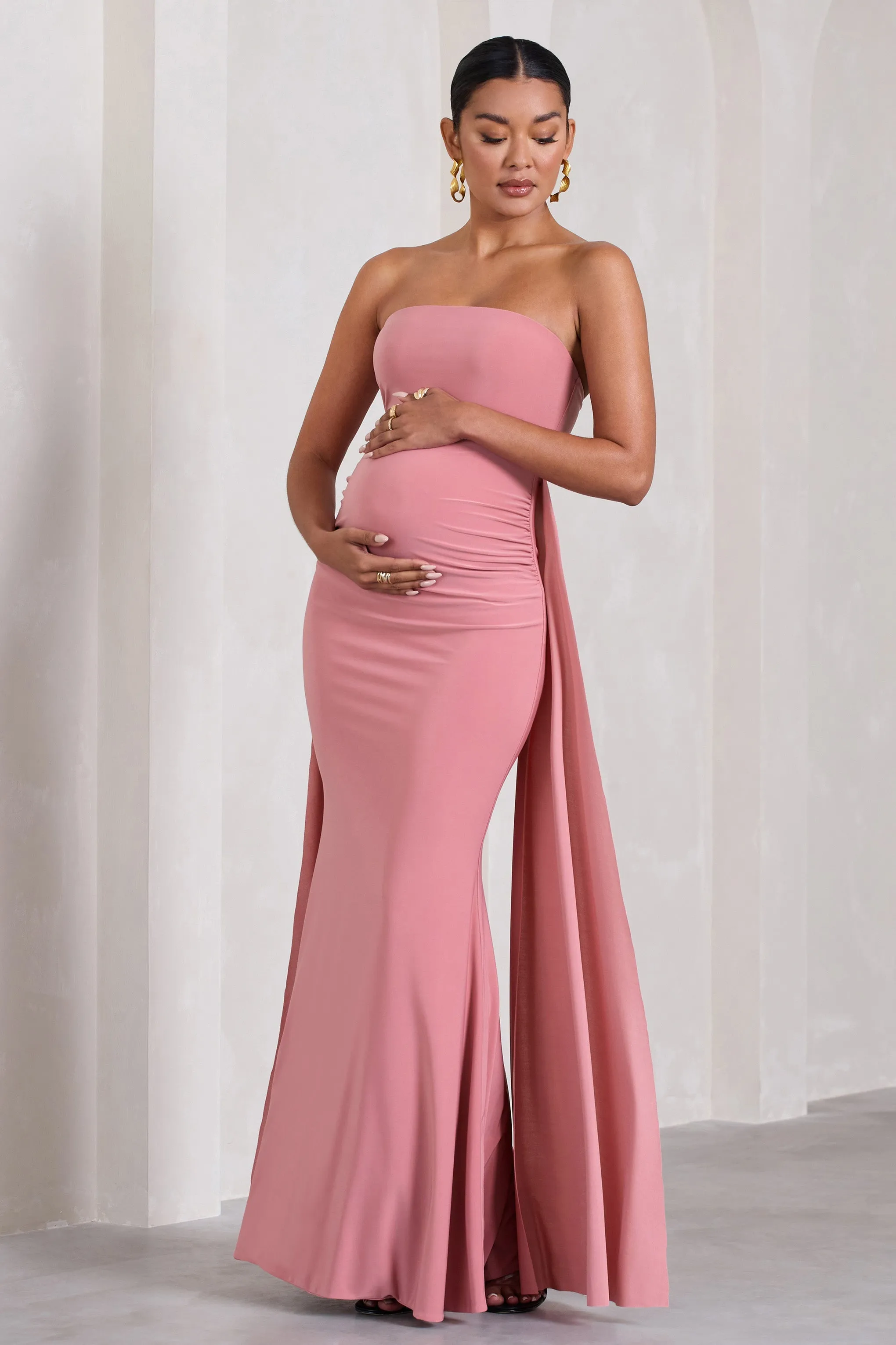 Christina | Blush Pink Bandeau Sleeveless Maternity Maxi Dress With Cape