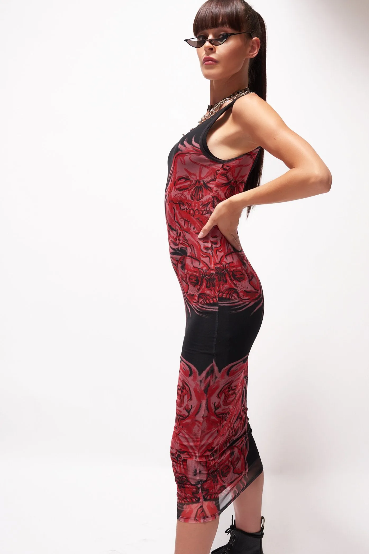 Double Layer Rib & Mesh Skull Print Dress