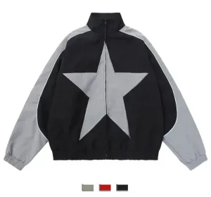 Fashionkova Spring Bomber Jacket Men Women Vintage Star Pattern Harajuku Y2k Windbreaker Coat Streetwear Zipper Patchwork Outerwear Unisex