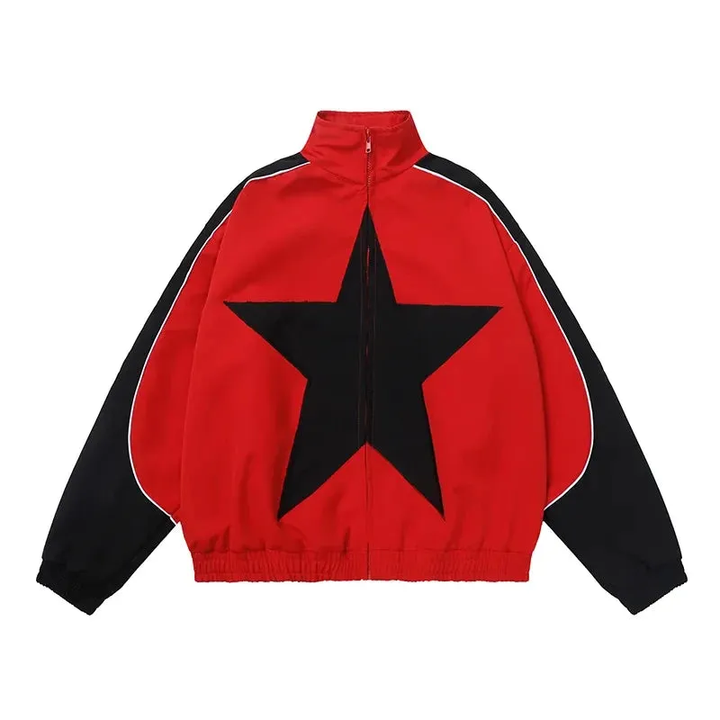 Fashionkova Spring Bomber Jacket Men Women Vintage Star Pattern Harajuku Y2k Windbreaker Coat Streetwear Zipper Patchwork Outerwear Unisex