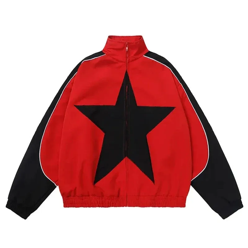 Fashionkova Spring Bomber Jacket Men Women Vintage Star Pattern Harajuku Y2k Windbreaker Coat Streetwear Zipper Patchwork Outerwear Unisex