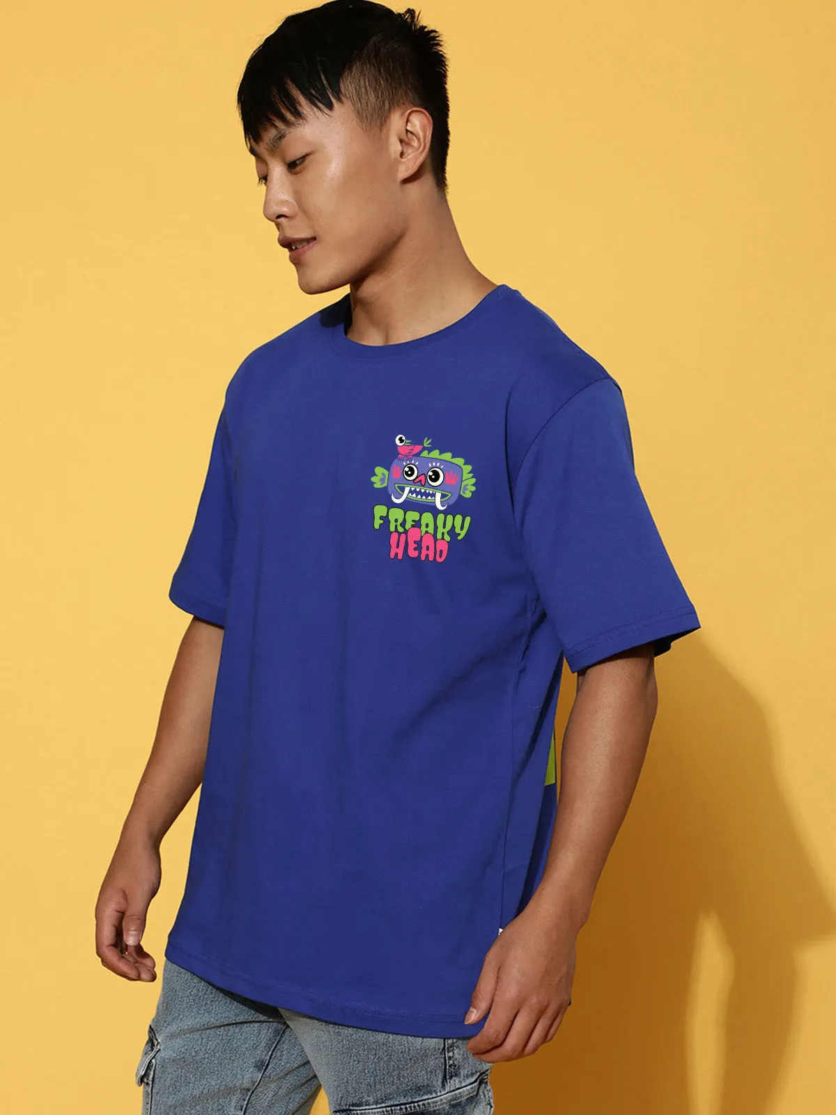 Freaky Head Blue Oversized Back Graphic Printed Tshirt