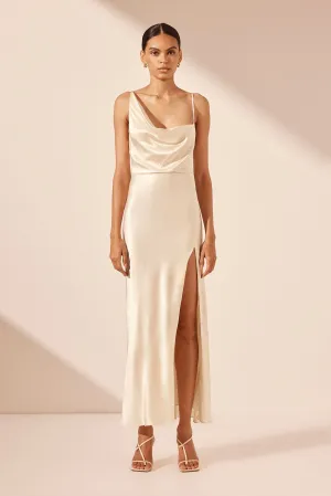 LA LUNE DRAPED SIDE SPLIT MIDI DRESS - CREAM