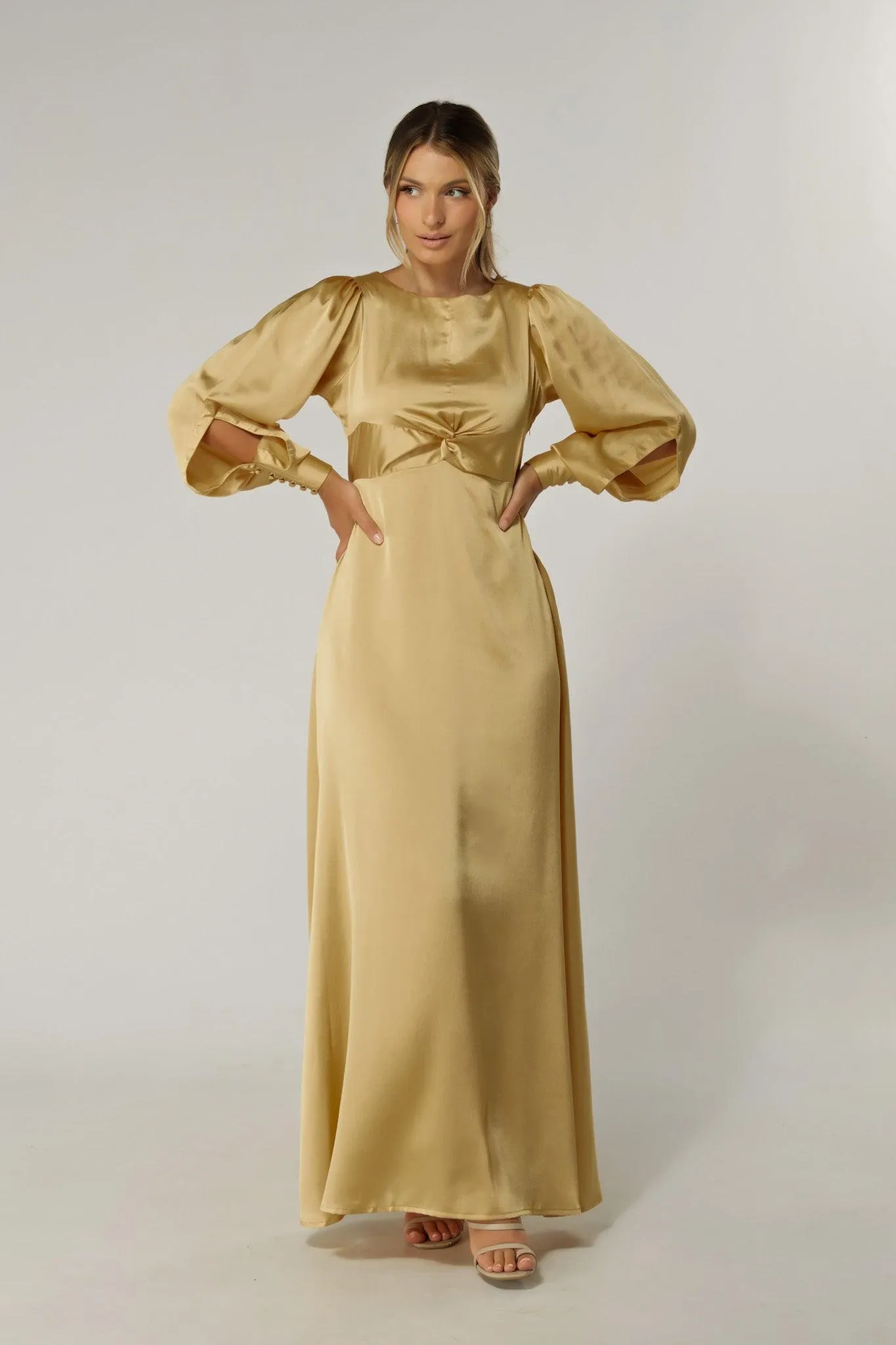 Lila Light Gold Knotted Front Soft Crepe Maxi Dress