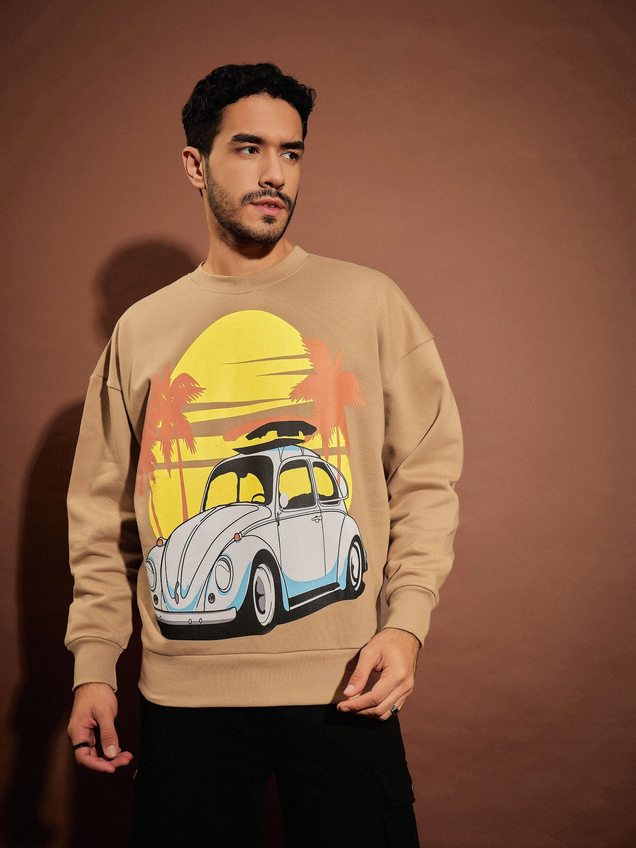 Men Beige CAR Oversized Sweatshirt