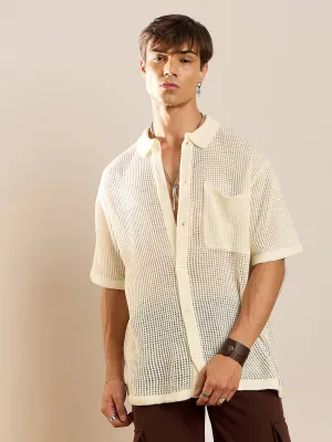 Men White Crochet Knit Oversize Shirt