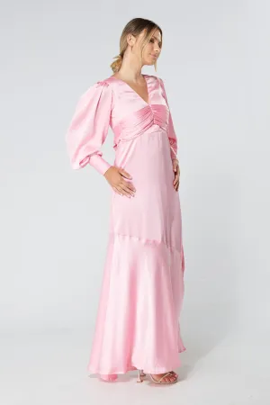 Naomi Pink Light Satin-Crepe Maxi Dress With Long Sleeves