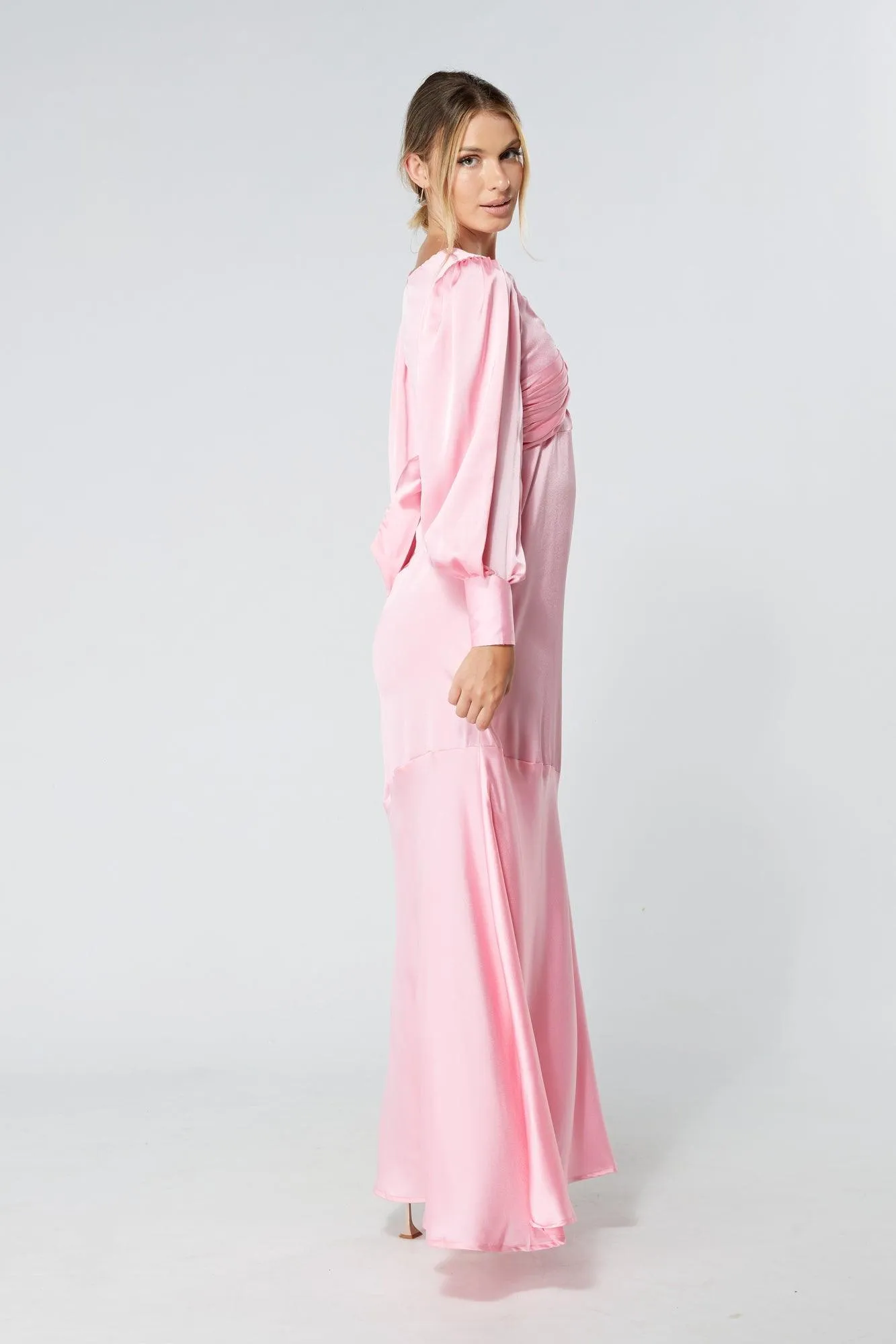 Naomi Pink Light Satin-Crepe Maxi Dress With Long Sleeves