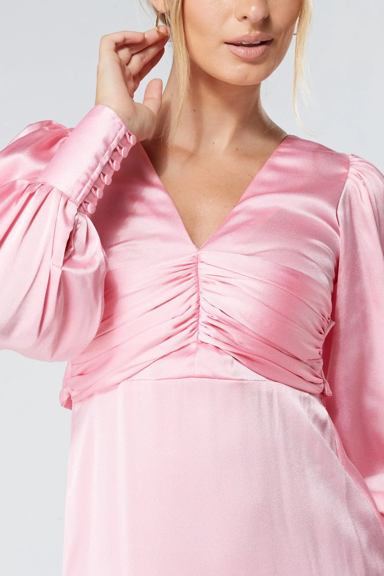 Naomi Pink Light Satin-Crepe Maxi Dress With Long Sleeves