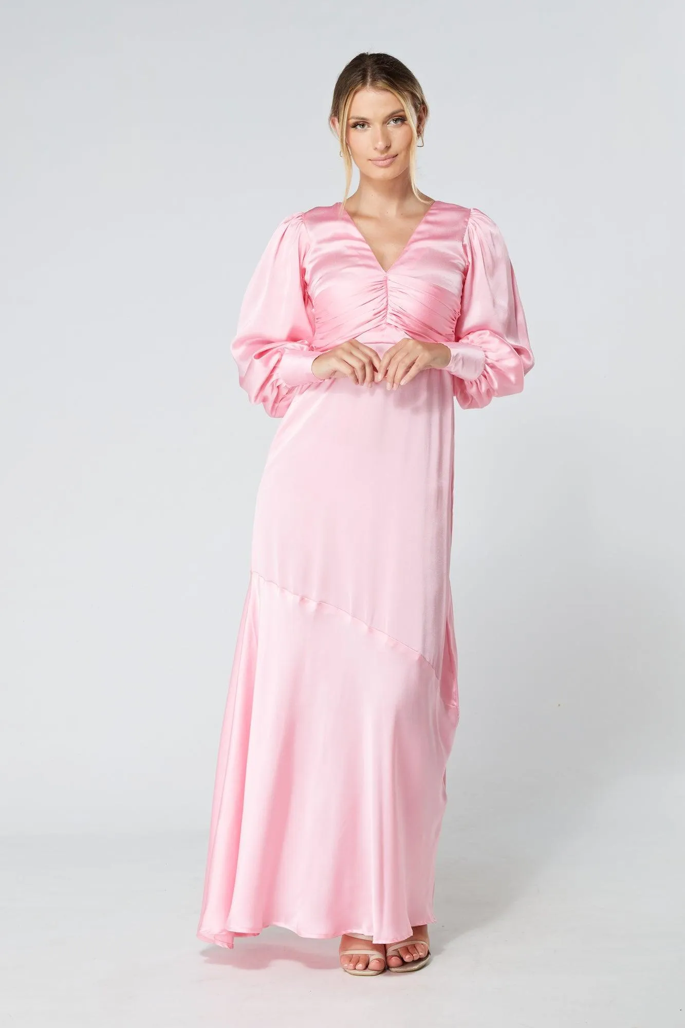 Naomi Pink Light Satin-Crepe Maxi Dress With Long Sleeves