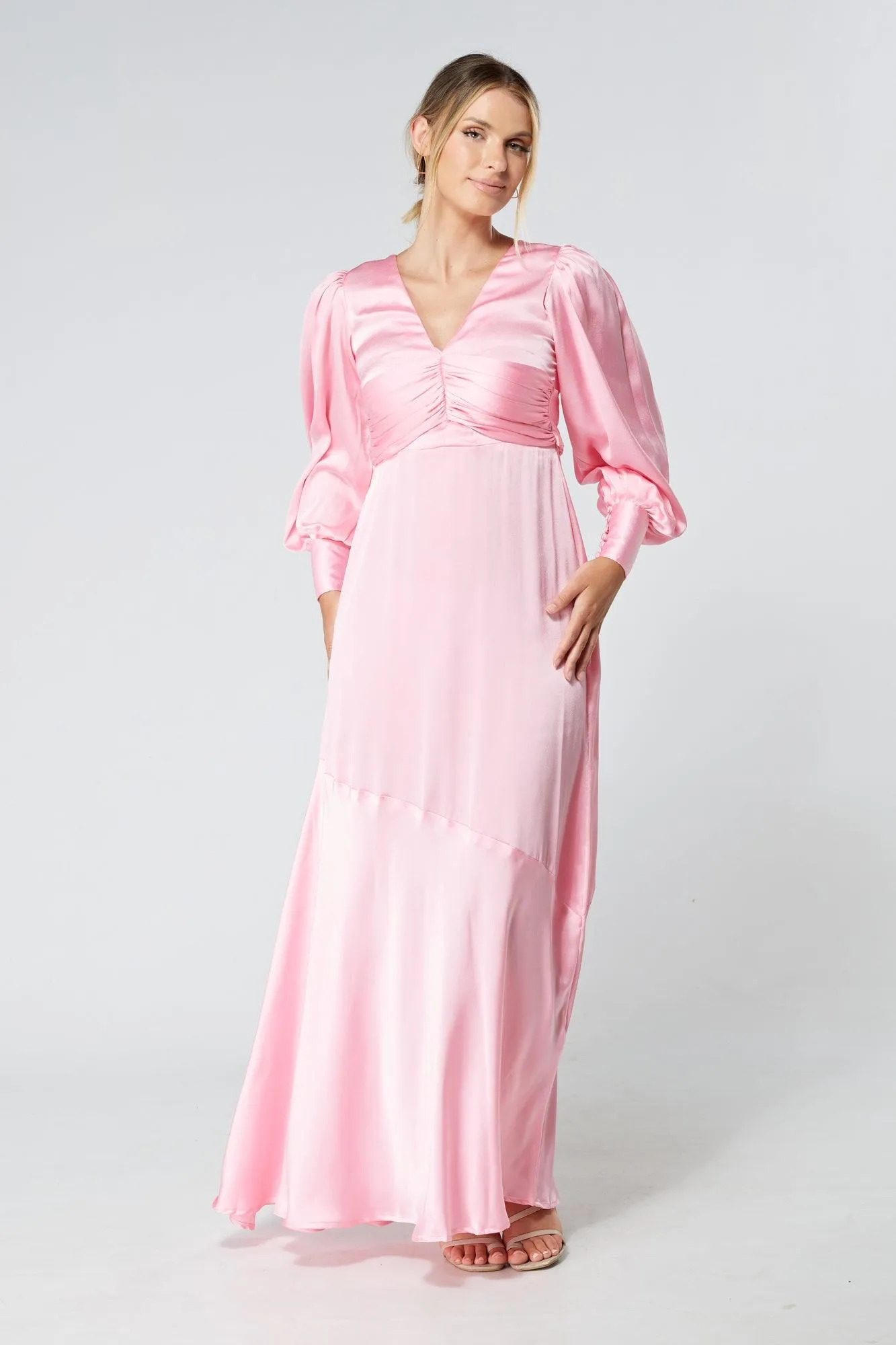 Naomi Pink Light Satin-Crepe Maxi Dress With Long Sleeves