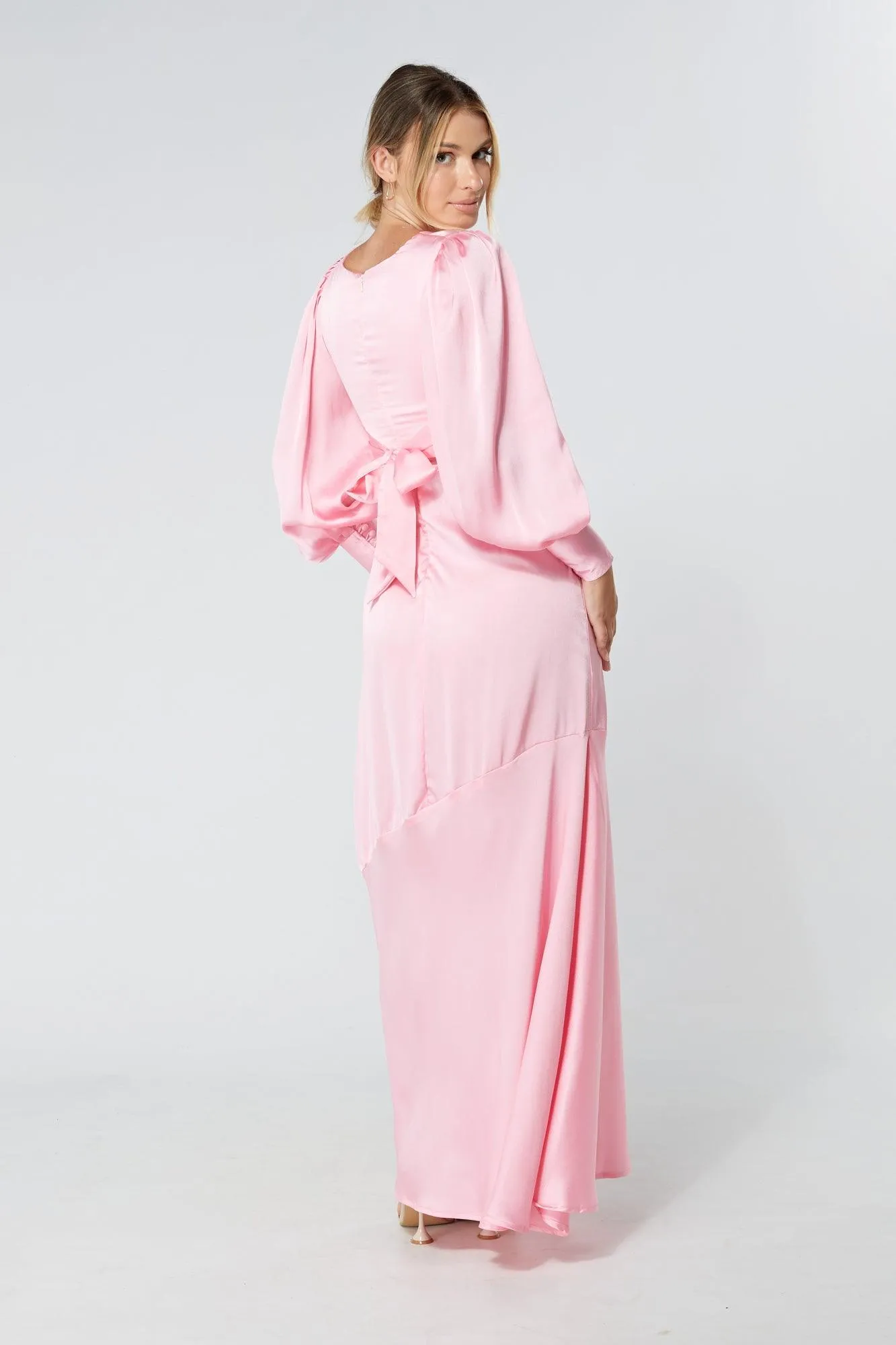 Naomi Pink Light Satin-Crepe Maxi Dress With Long Sleeves