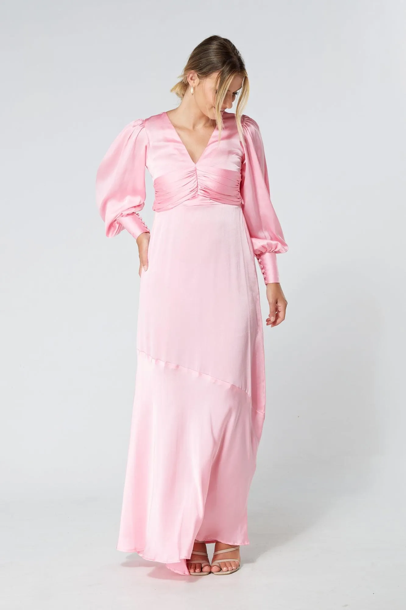 Naomi Pink Light Satin-Crepe Maxi Dress With Long Sleeves