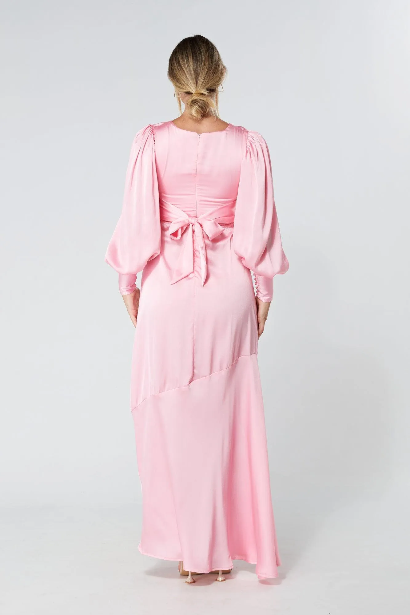 Naomi Pink Light Satin-Crepe Maxi Dress With Long Sleeves