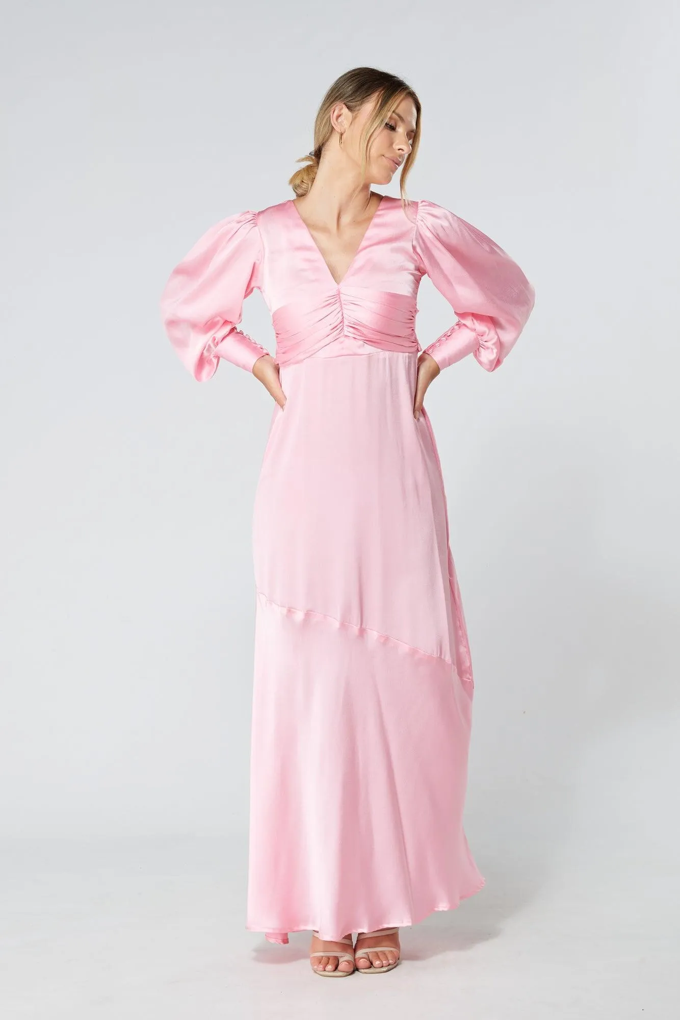 Naomi Pink Light Satin-Crepe Maxi Dress With Long Sleeves