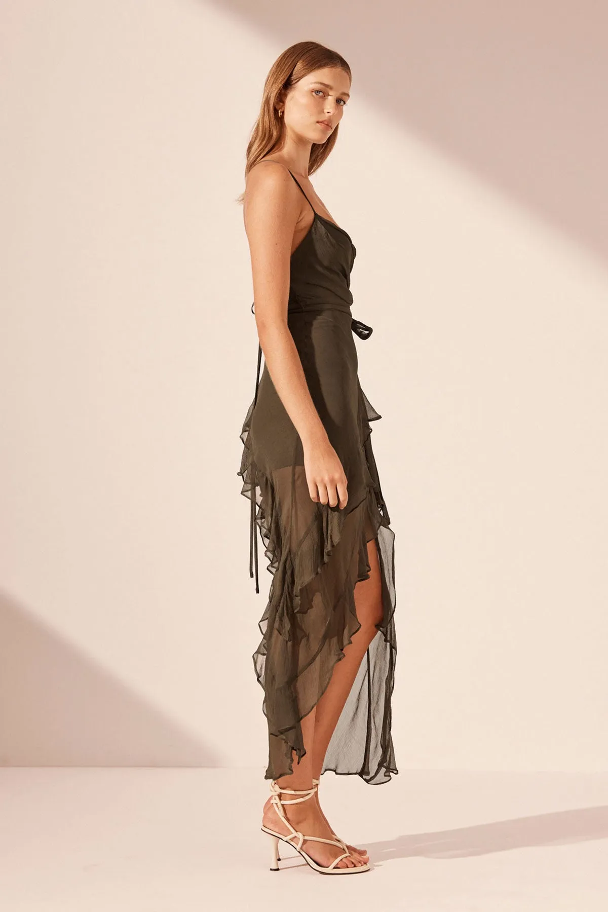 ODEN COWL NECK ASYMMETRICAL MAXI DRESS - OLIVE