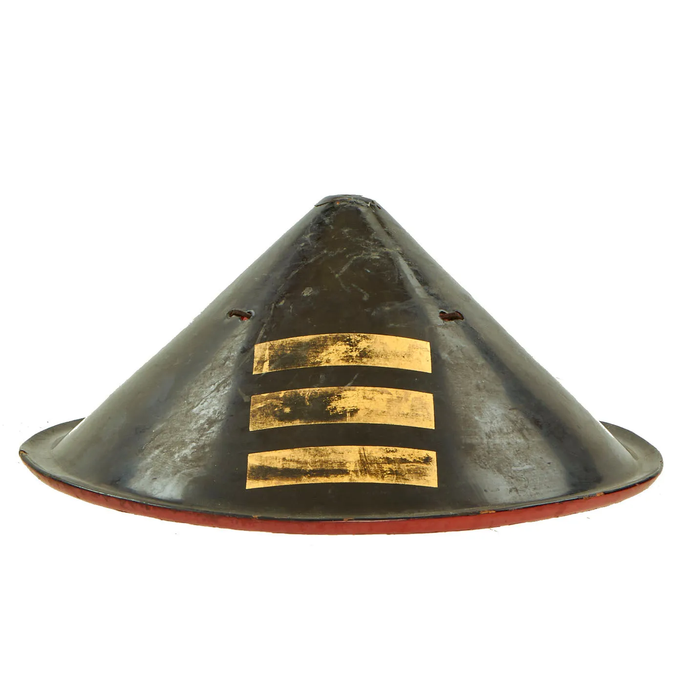 Original Japanese 19th Century Lacquered Conical Jingasa Helmet with Gilt Emblem c.1850