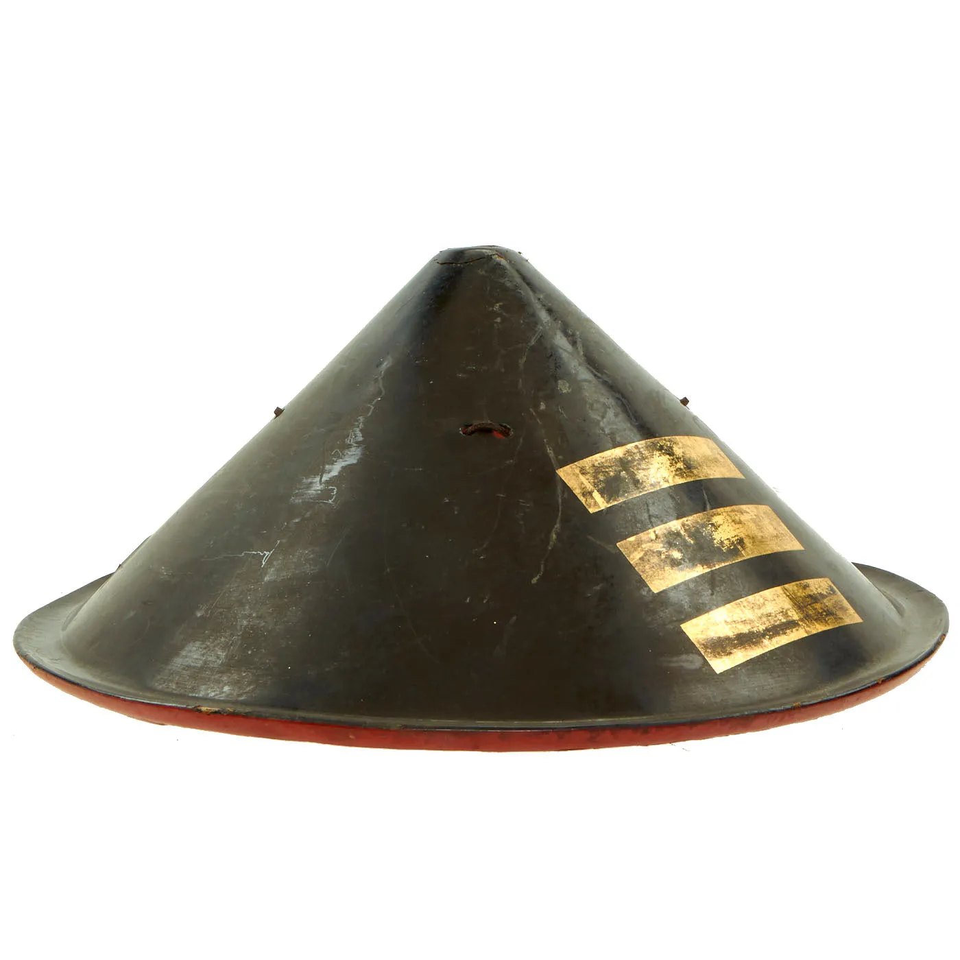 Original Japanese 19th Century Lacquered Conical Jingasa Helmet with Gilt Emblem c.1850