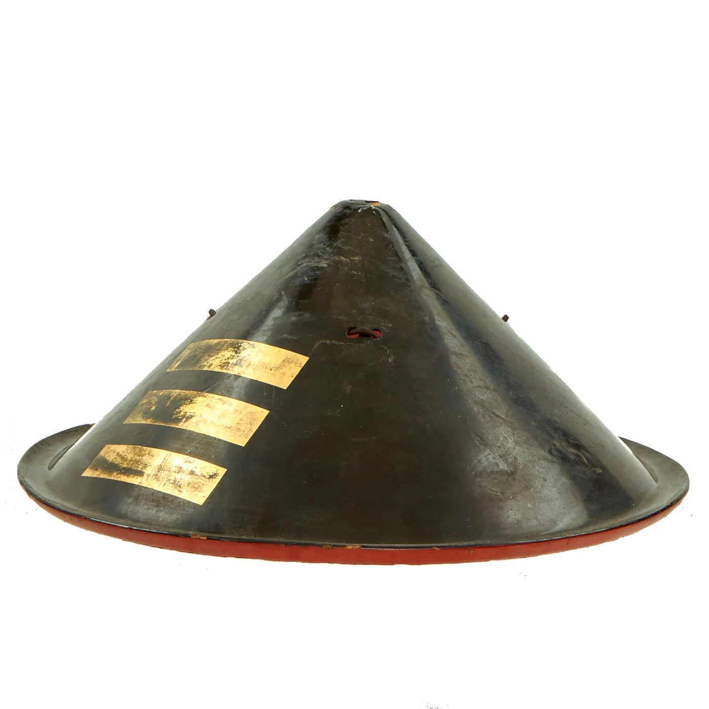 Original Japanese 19th Century Lacquered Conical Jingasa Helmet with Gilt Emblem c.1850