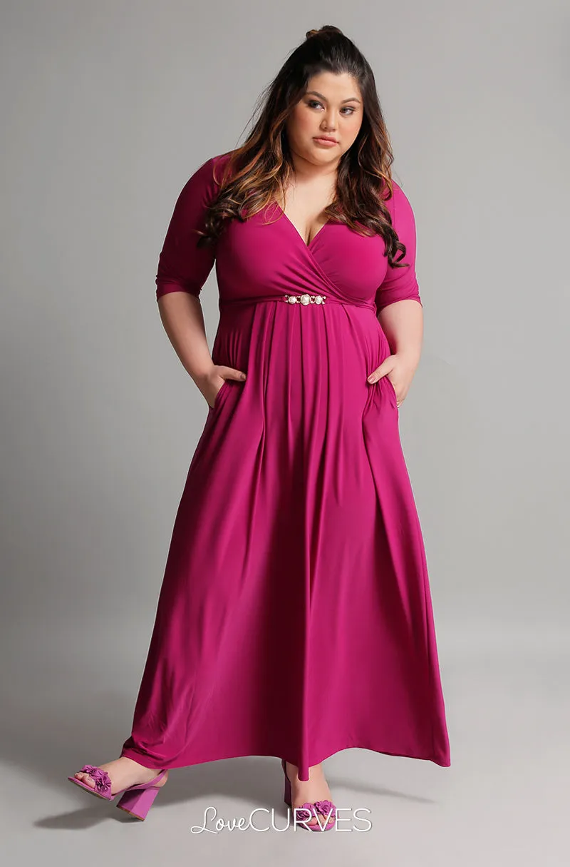 Pleated Wrap Maxi Dress with Charm Belt - Magenta