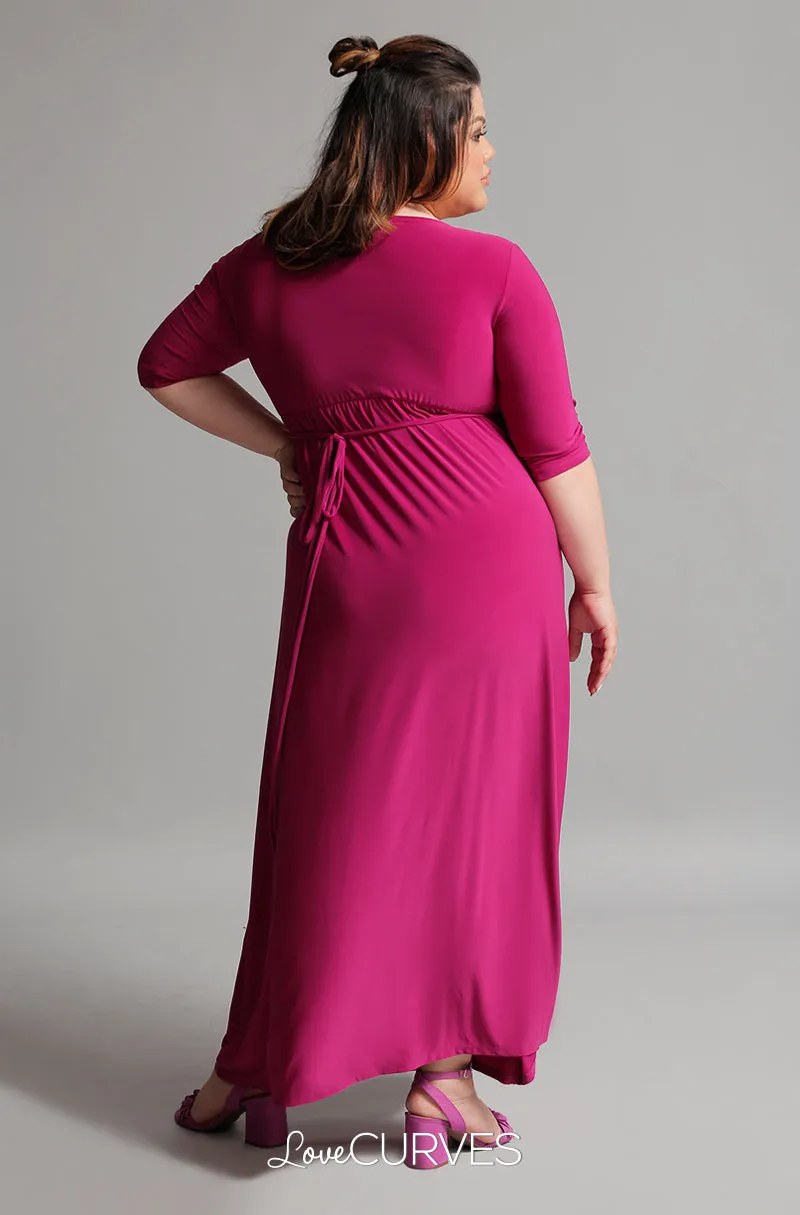 Pleated Wrap Maxi Dress with Charm Belt - Magenta