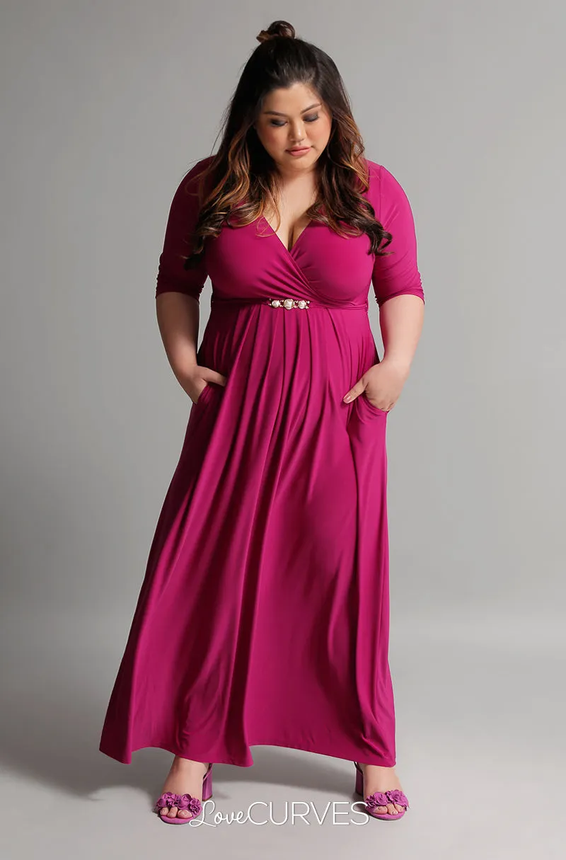 Pleated Wrap Maxi Dress with Charm Belt - Magenta