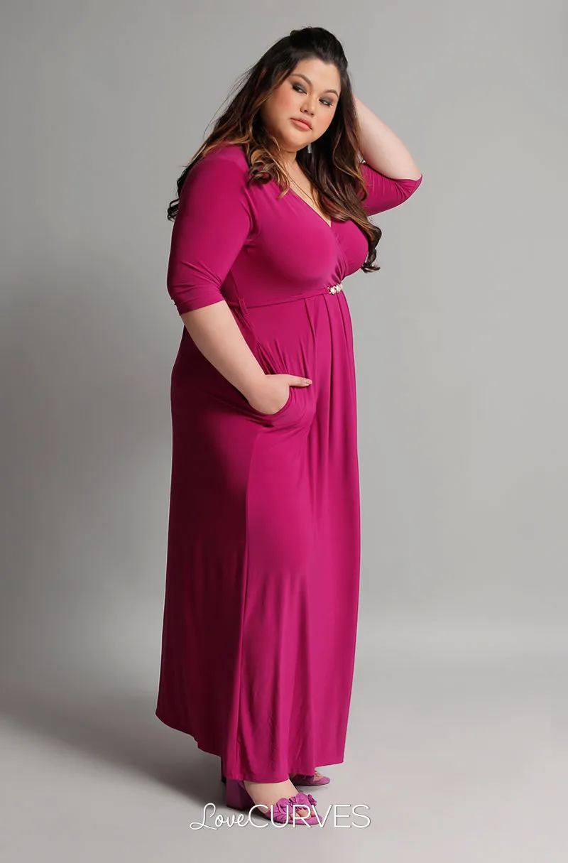 Pleated Wrap Maxi Dress with Charm Belt - Magenta