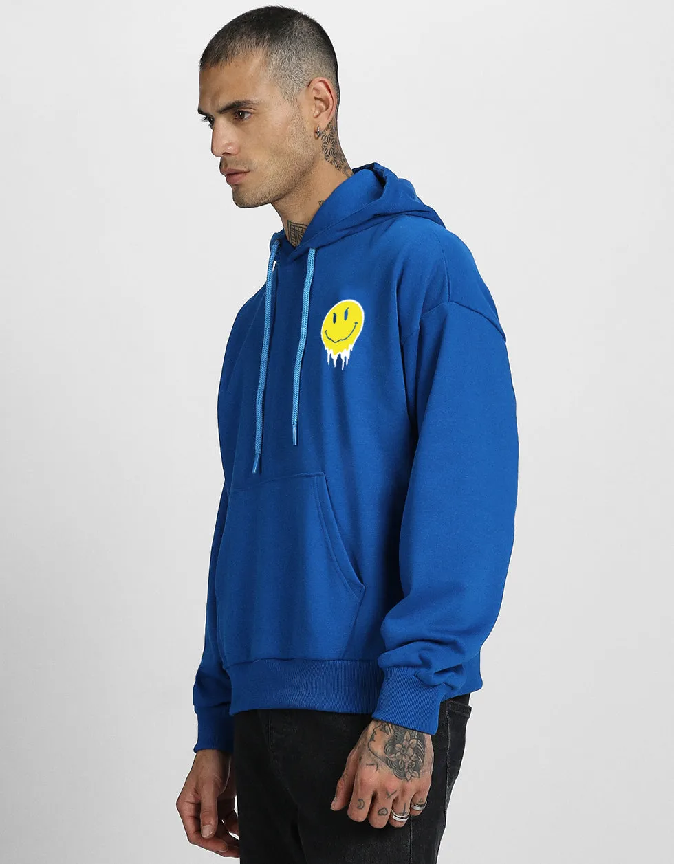 Smile Blue Oversized Pocket Graphic Printed Hoodie