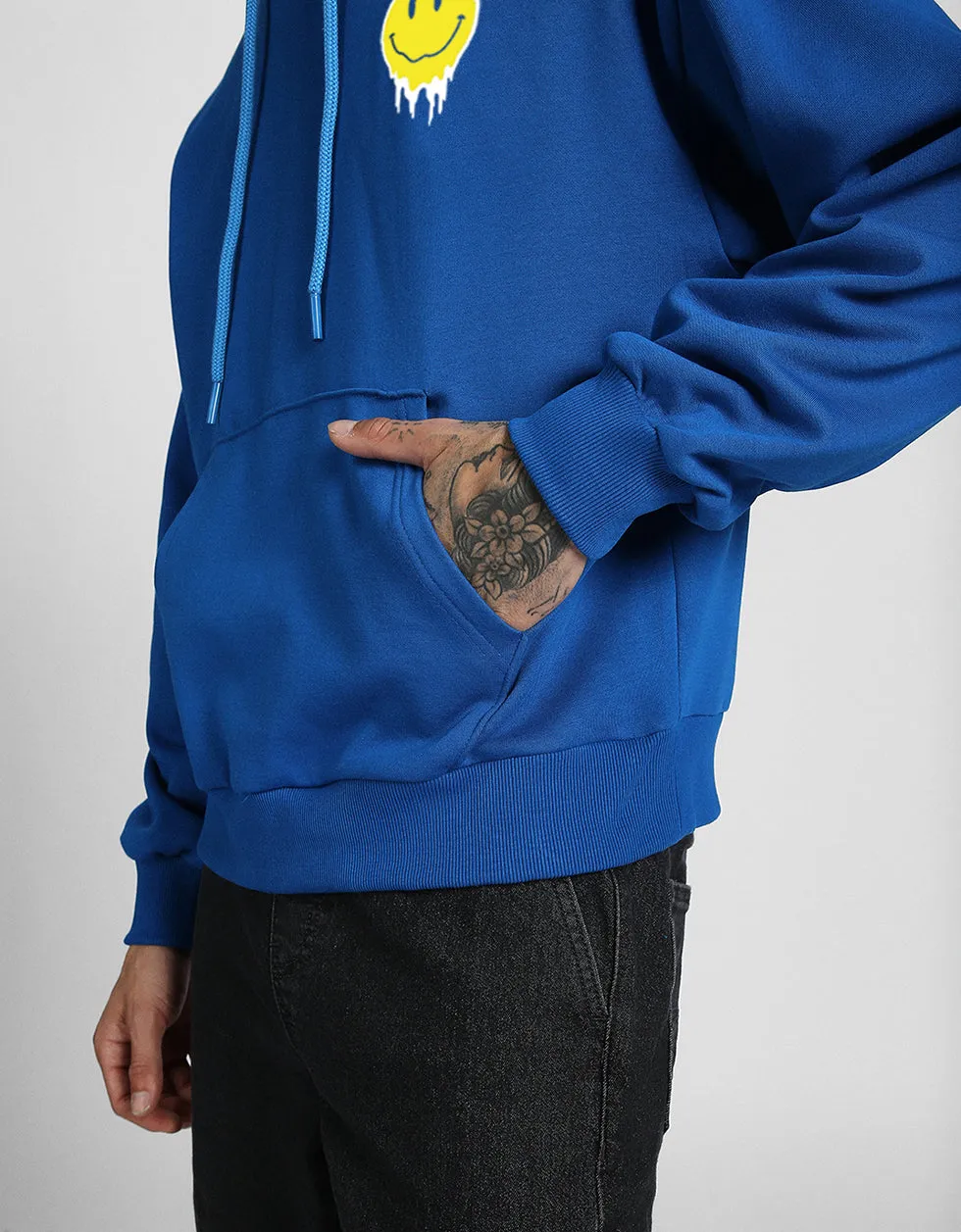 Smile Blue Oversized Pocket Graphic Printed Hoodie