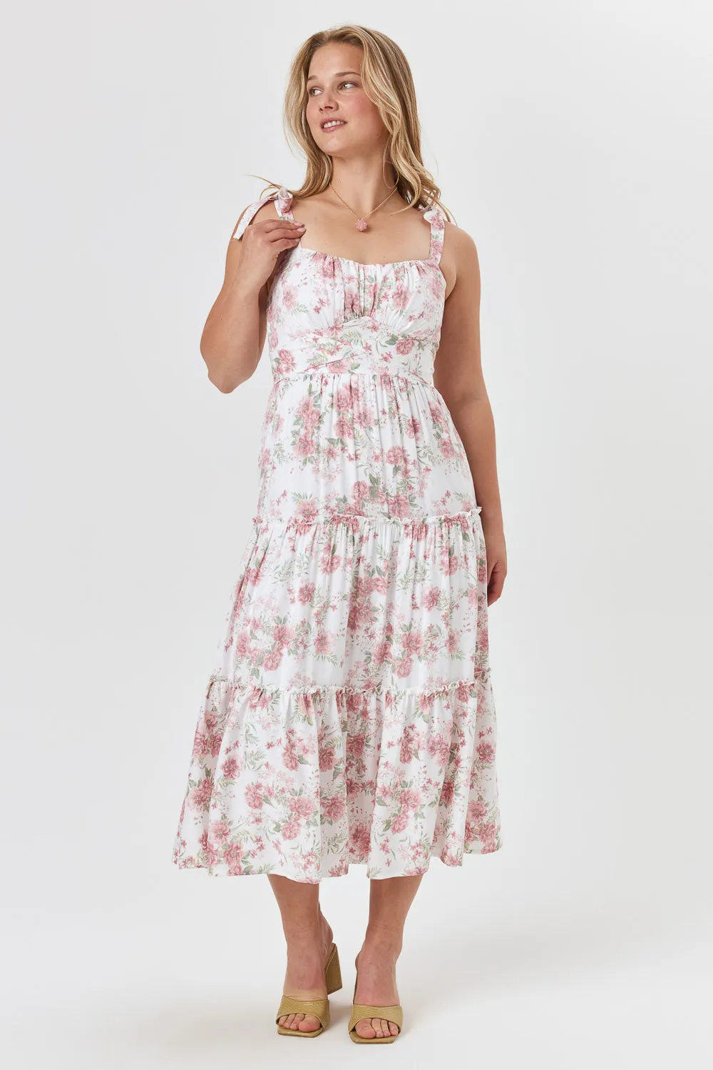 White Pink Floral Ruffle Midi Dress