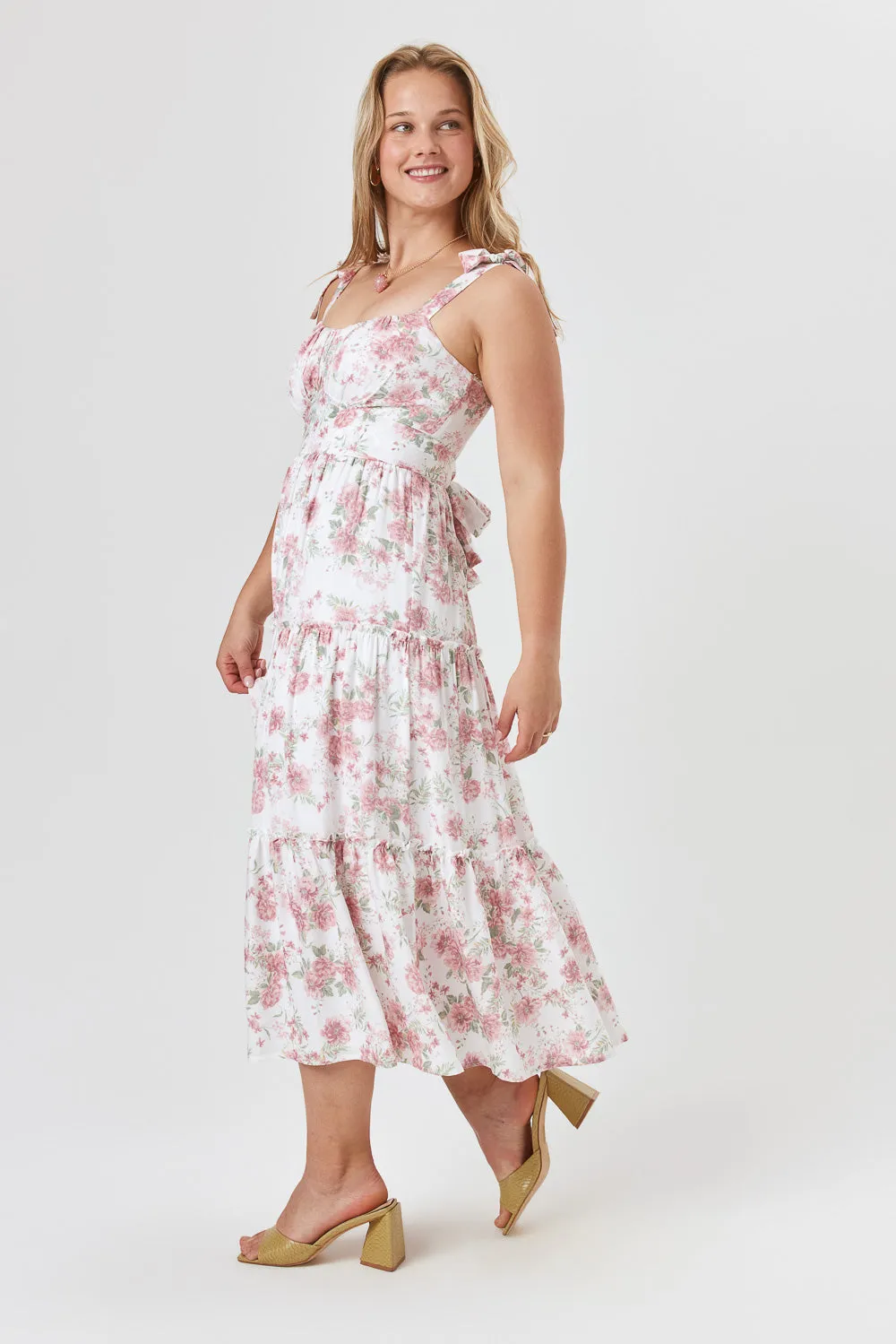 White Pink Floral Ruffle Midi Dress