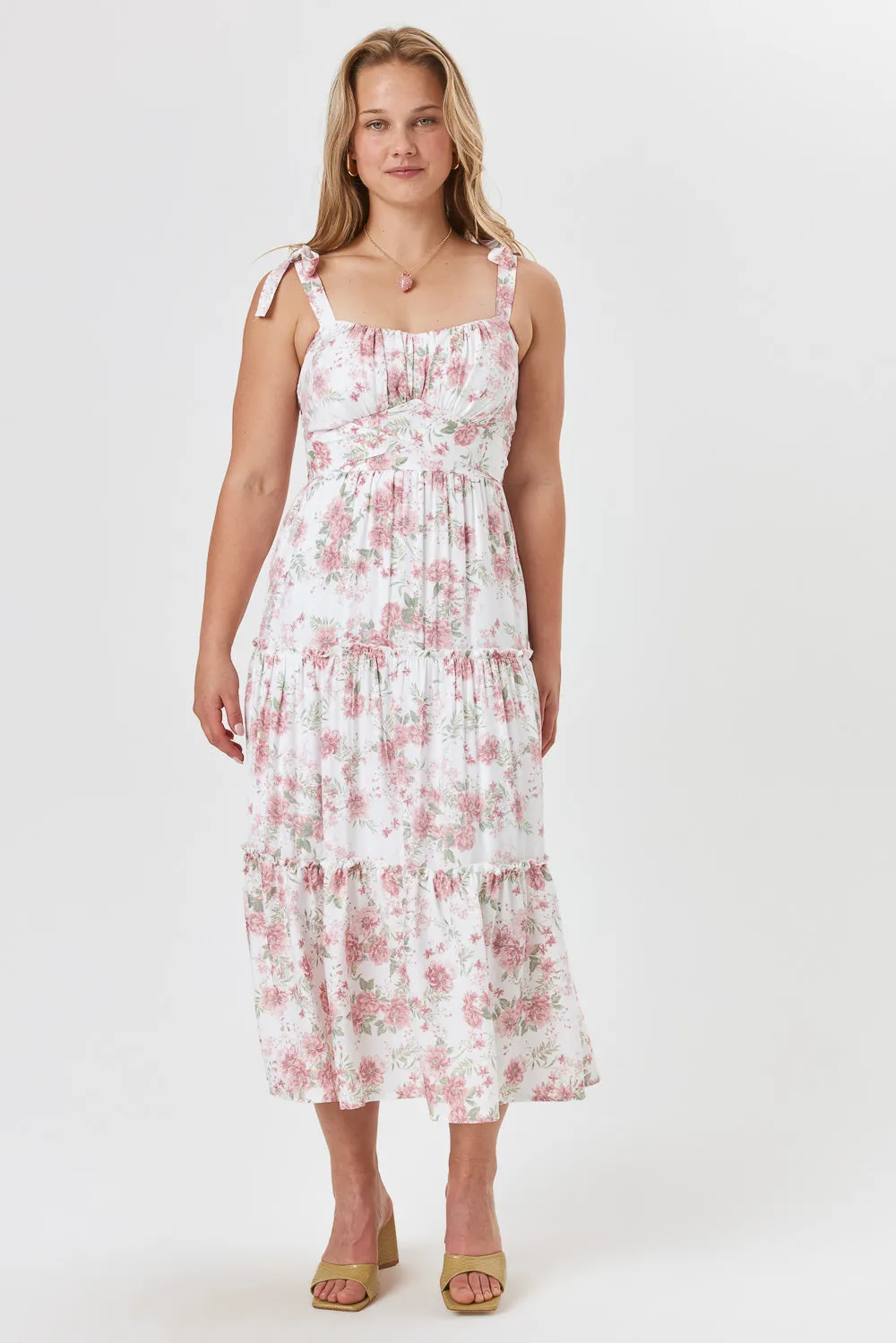 White Pink Floral Ruffle Midi Dress