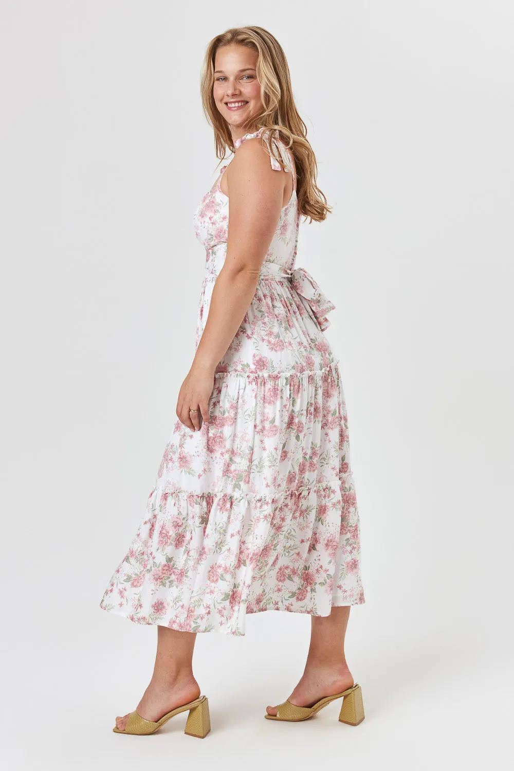 White Pink Floral Ruffle Midi Dress